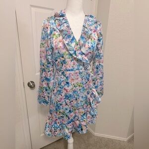 Bar III Petite Floral-Print Ruffled Tie-Waist Wrap Dress Size S